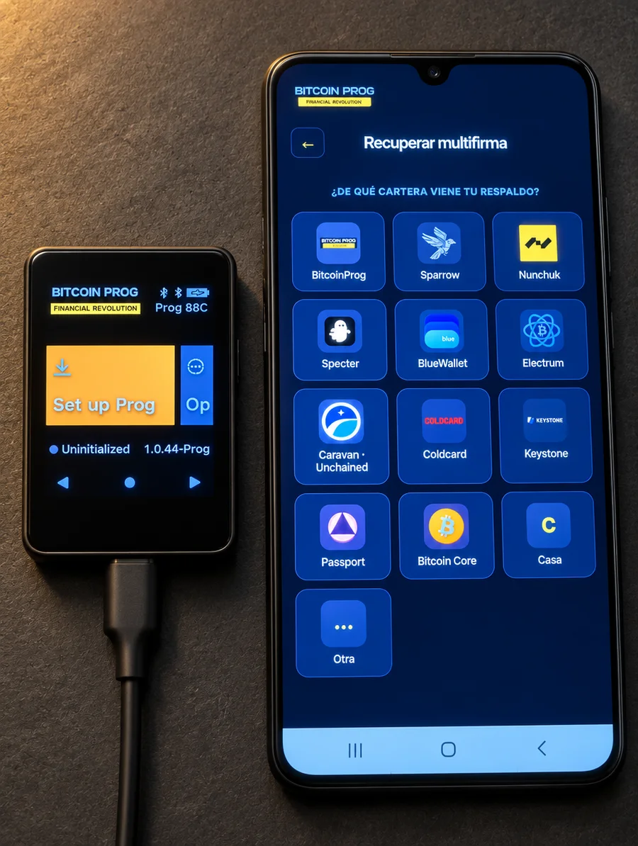 BitcoinProg Wallet y la app, vista desde arriba